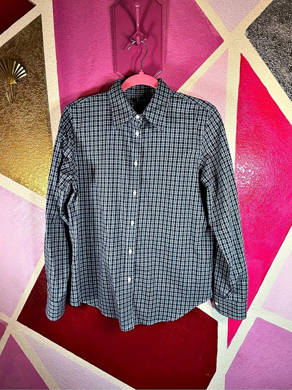 Chaps No Iron Navy Blue Plaid Button Down Shirt Men's Medium
